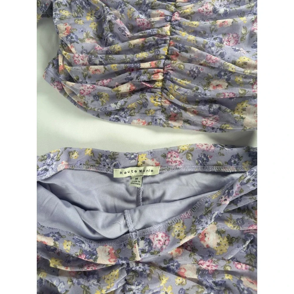 Haute Monde Two Piece Skirt Set Womens M Purple Excellent Floral Ruched Mesh Y2K